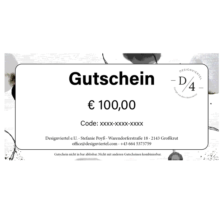 Designviertel Geschenkgutschein im Wert von 100 Euro mit individuellem Code – einlösbar für Produkte von Stefanie Poyß, Design aus dem Weinviertel
